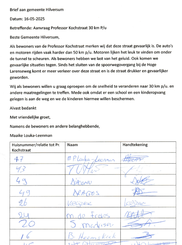 Meer dan 30 bewoners van de Professor Kochstraat ondertekenden de petitie om op korte termijn snelheidsmaatregelen te nemen
